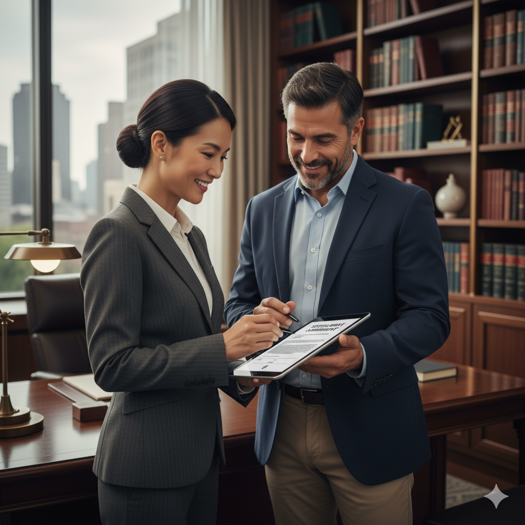 Professional attorneys using digital signatures for efficient legal document processing