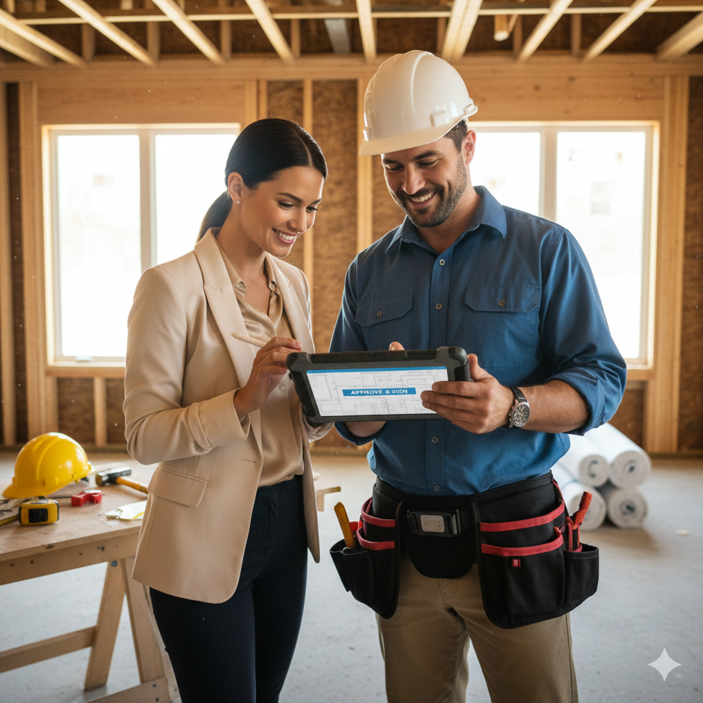 Professional contractor signing digital contracts on tablet device